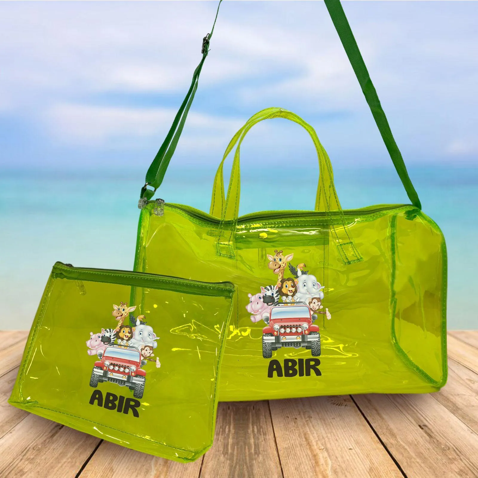 Personalised Kids Jelly Duffle Bags with Pouch Combo - Green