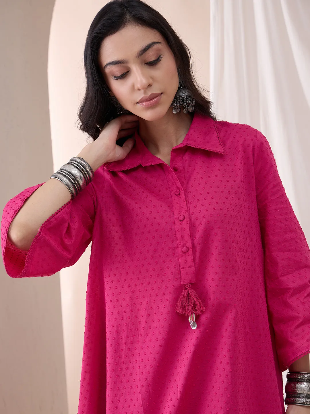 Pink Cotton Dobby Tassel Detail Tunic With Straight Pant