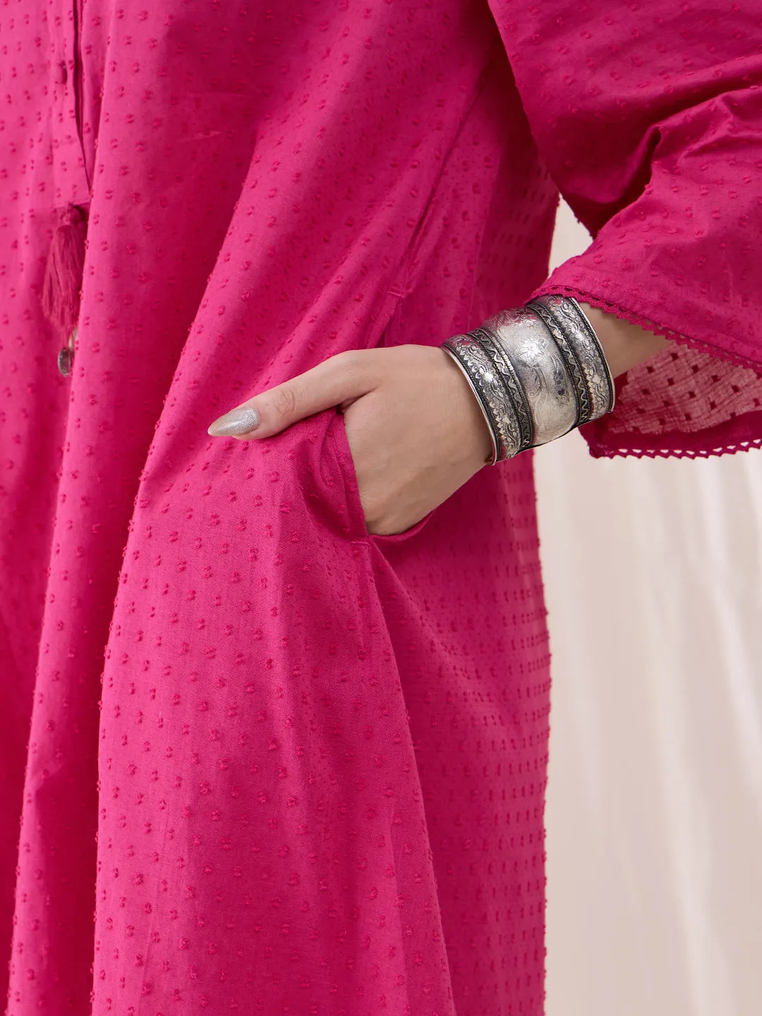 Pink Cotton Dobby Tassel Detail Tunic With Straight Pant