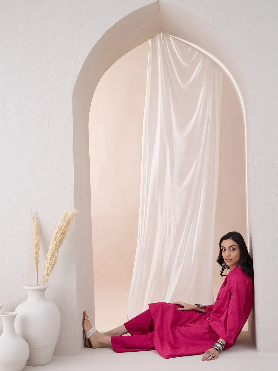 Pink Cotton Dobby Tassel Detail Tunic With Straight Pant