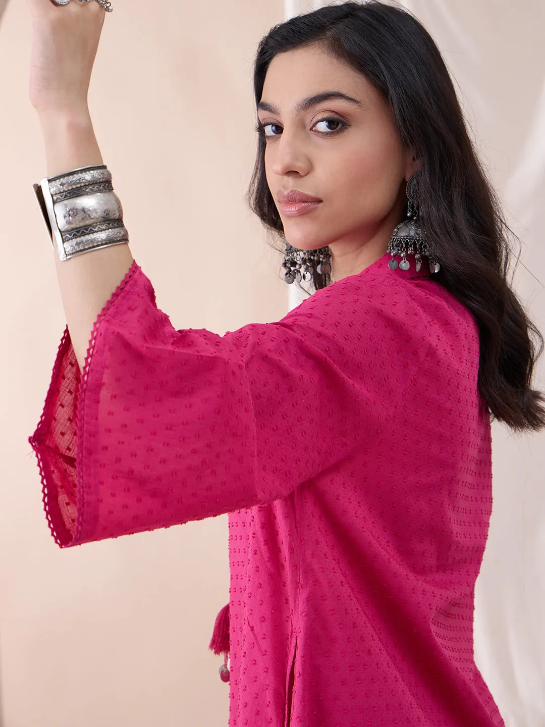 Pink Cotton Dobby Tassel Detail Tunic With Straight Pant