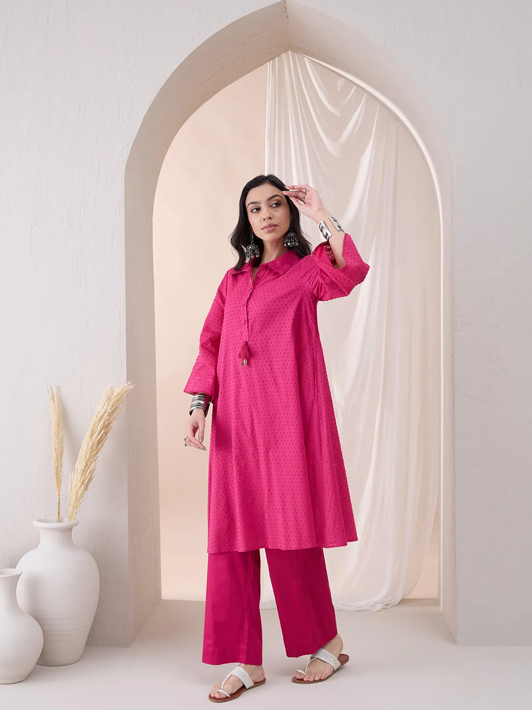 Pink Cotton Dobby Tassel Detail Tunic With Straight Pant