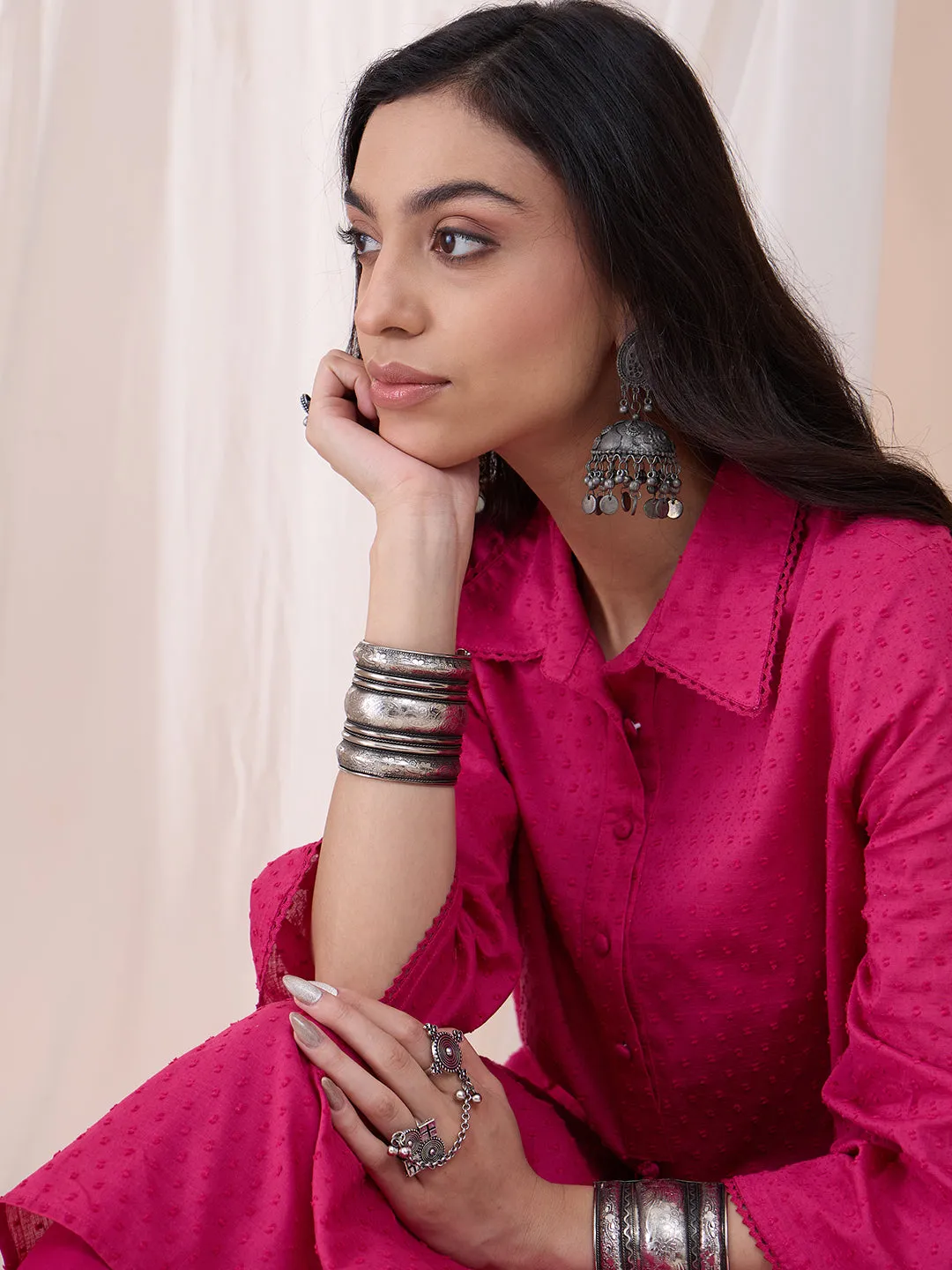 Pink Cotton Dobby Tassel Detail Tunic With Straight Pant