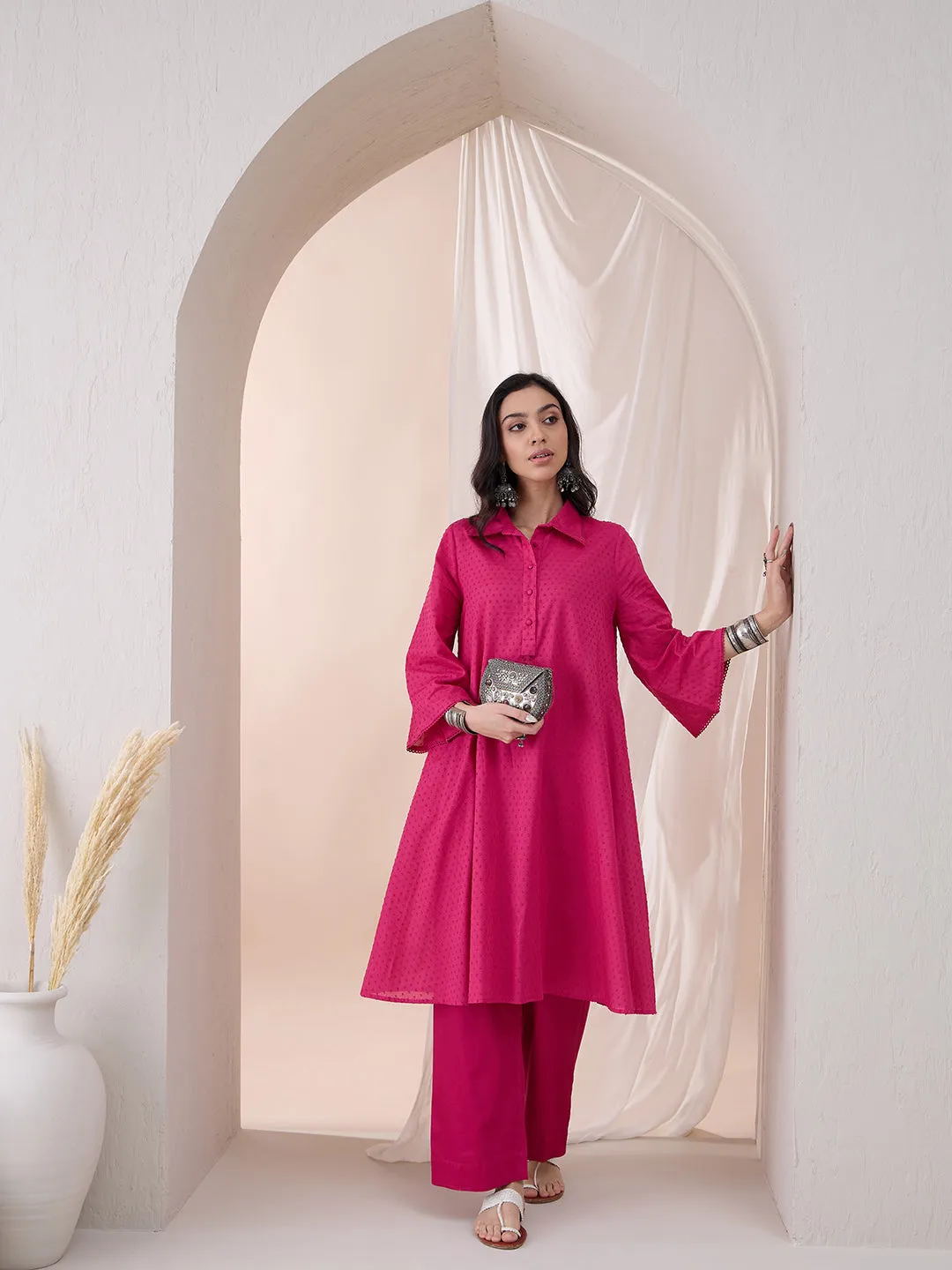 Pink Cotton Dobby Tassel Detail Tunic With Straight Pant