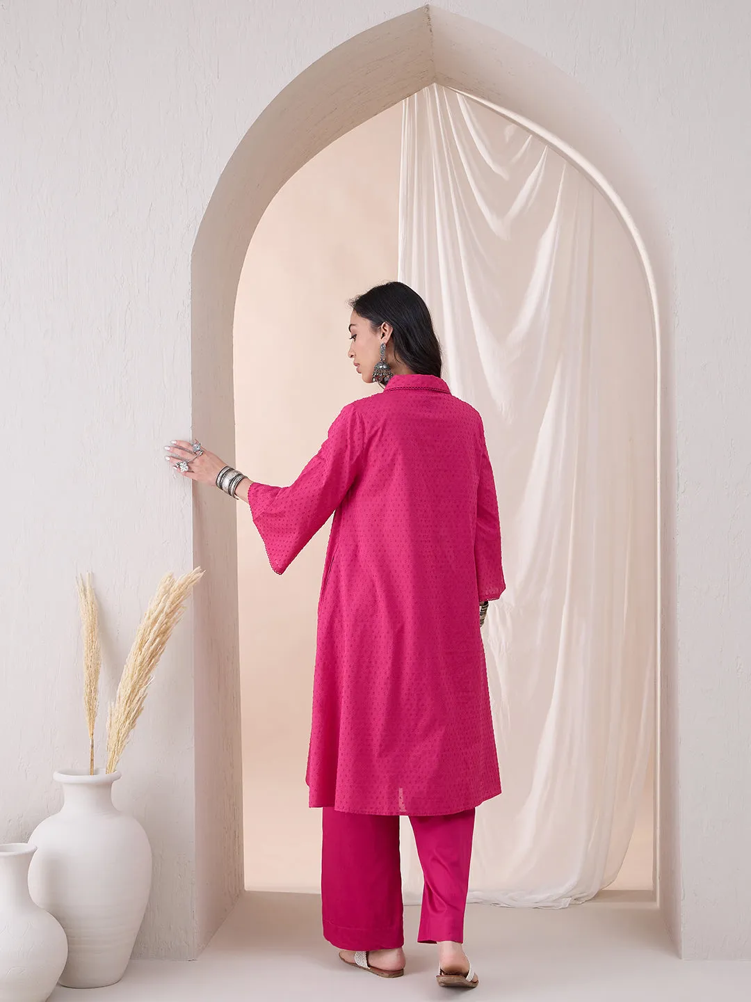 Pink Cotton Dobby Tassel Detail Tunic With Straight Pant
