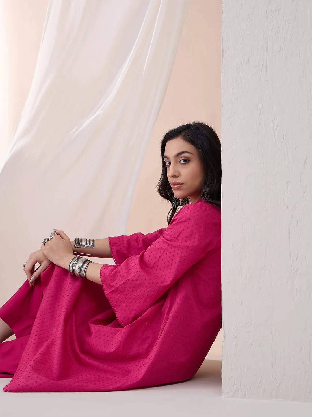 Pink Cotton Dobby Tassel Detail Tunic With Straight Pant