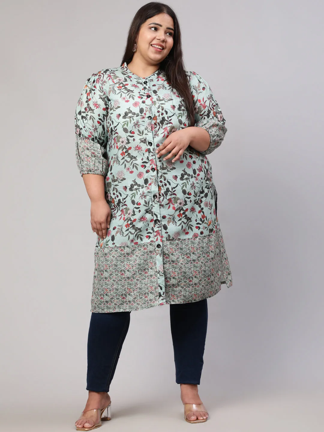 Plus Size Floral Printed Green Straight Kurta