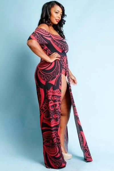 Plus Size Off Shoulder Mixed Bohemian Maxi Dress