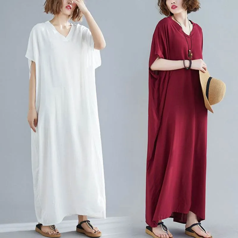 Plus Size Women's Bohemian V-neck Cotton Dress Solid Color Robe