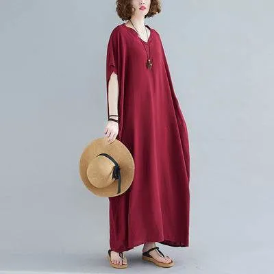 Plus Size Women's Bohemian V-neck Cotton Dress Solid Color Robe