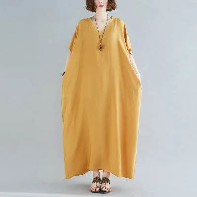 Plus Size Women's Bohemian V-neck Cotton Dress Solid Color Robe