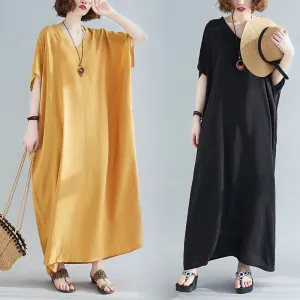 Plus Size Women's Bohemian V-neck Cotton Dress Solid Color Robe