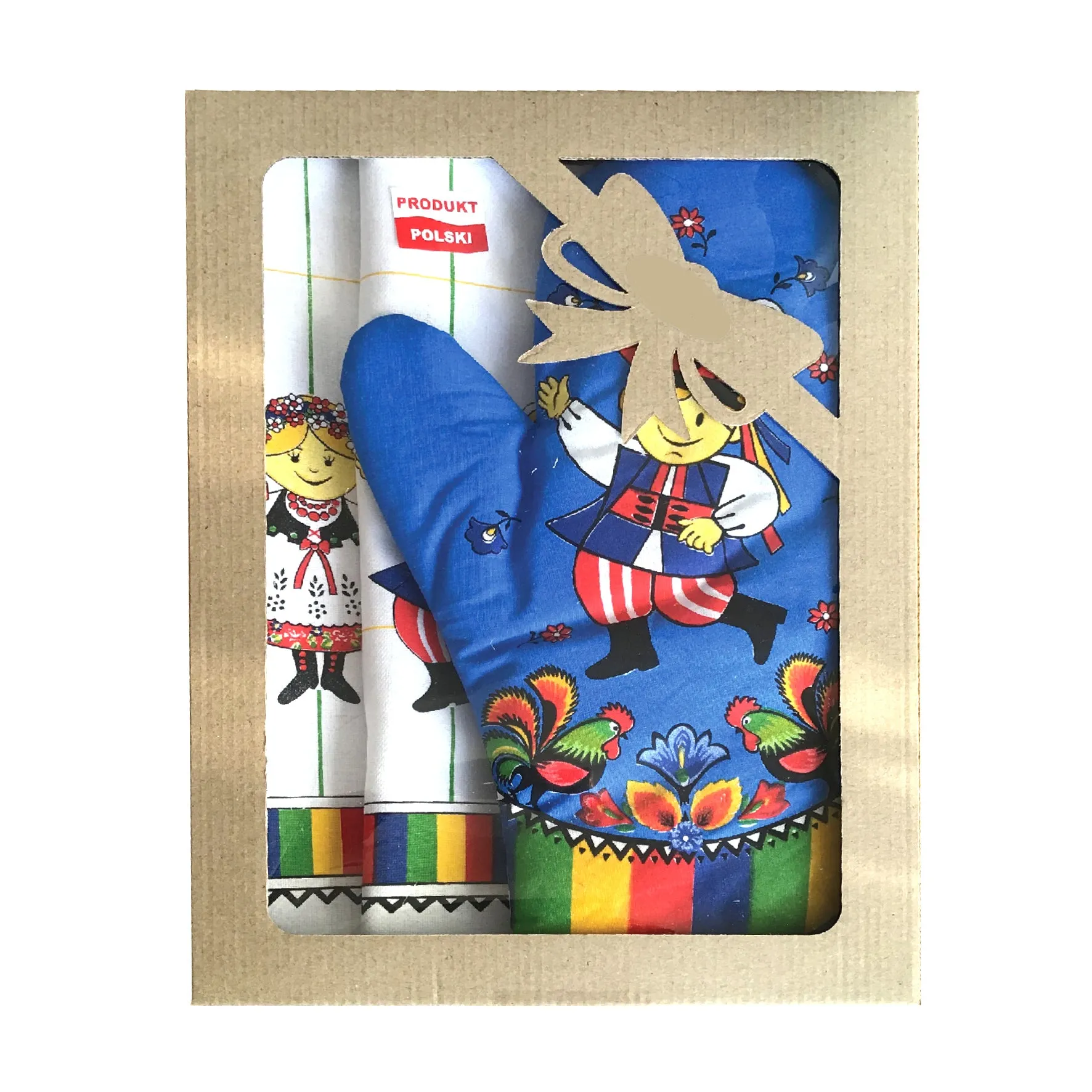 Polish Folk Art Krakow Dancers Gift Set with 2 Kitchen Towels and 1 Oven Mitt in Box
