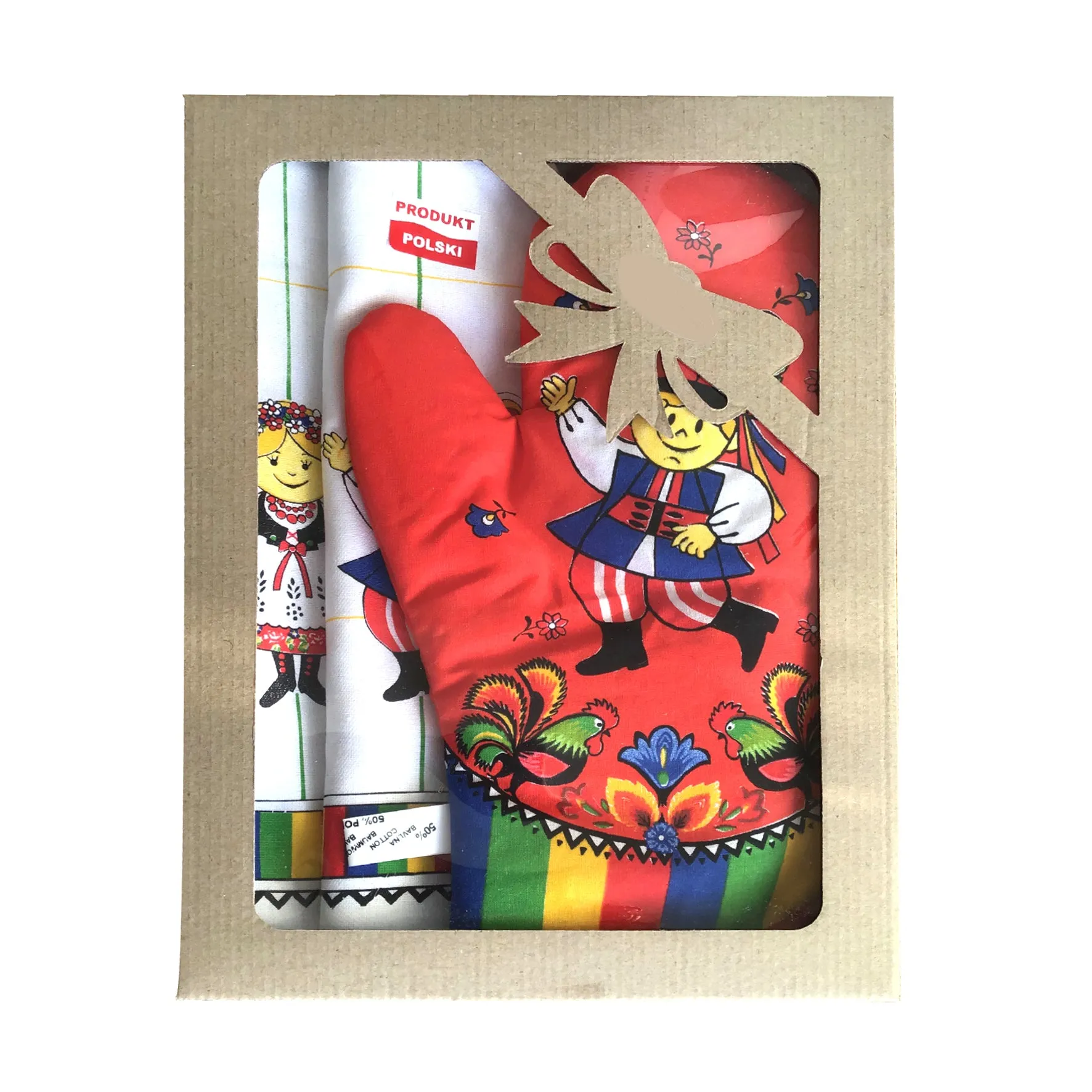 Polish Folk Art Krakow Dancers Gift Set with 2 Kitchen Towels and 1 Oven Mitt in Box