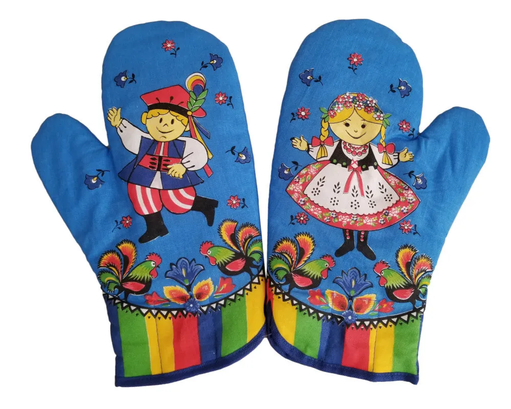 Polish Folk Art Krakow Dancers Gift Set with 2 Kitchen Towels and 1 Oven Mitt in Box