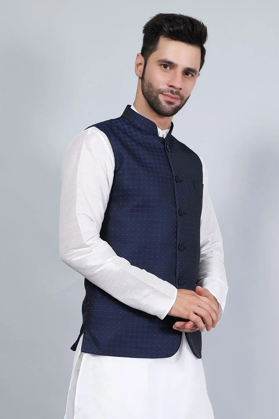 Poly Viscose (BY RAYMOND'S ETHNIC) Blue Modi Nehru Jacket
