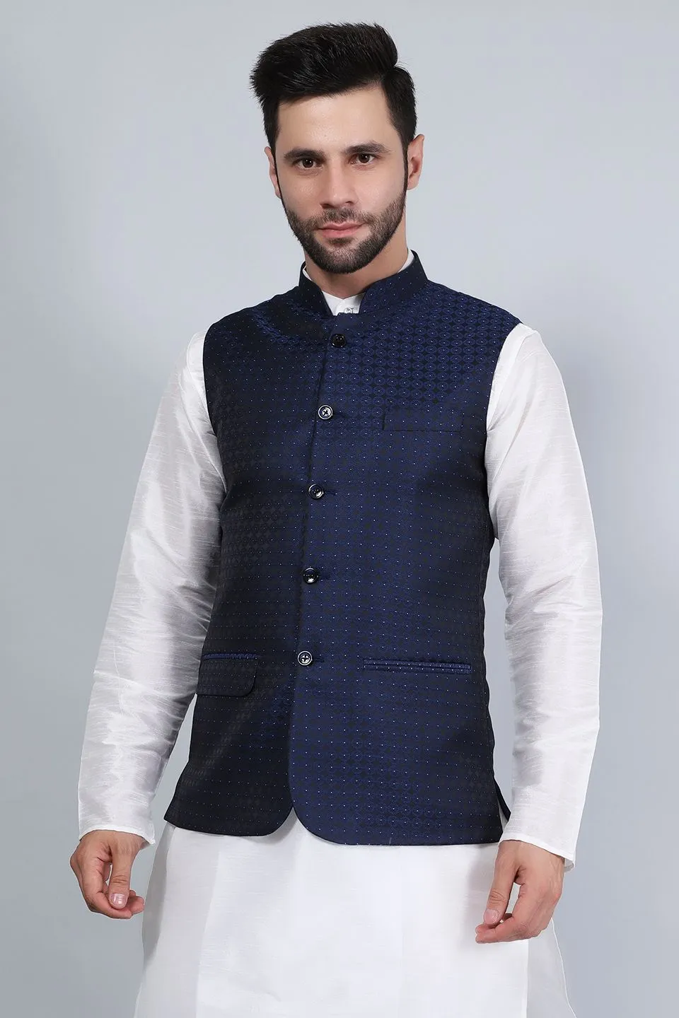 Poly Viscose (BY RAYMOND'S ETHNIC) Blue Modi Nehru Jacket