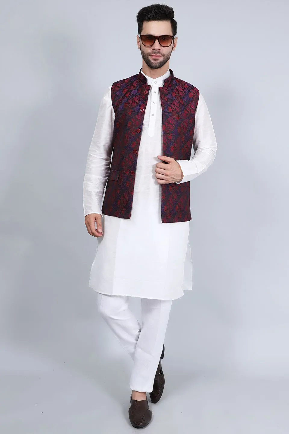 Poly Viscose (BY RAYMOND'S ETHNIC) Red Modi Nehru Jacket