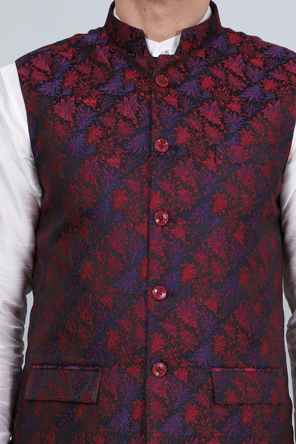 Poly Viscose (BY RAYMOND'S ETHNIC) Red Modi Nehru Jacket
