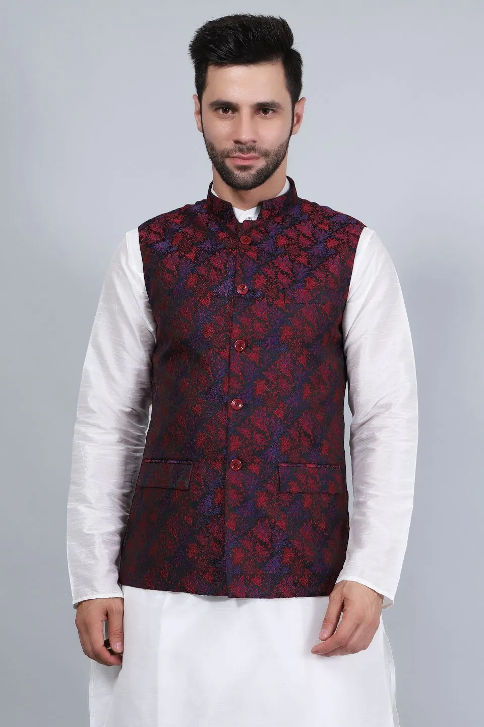 Poly Viscose (BY RAYMOND'S ETHNIC) Red Modi Nehru Jacket