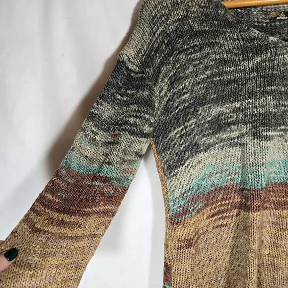 Prana Asymmetrical Vignette Multicolor Sweater V Neck Acrylic Nylon Bohemian M