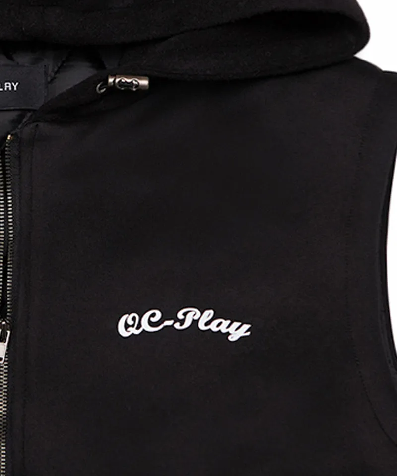 Q.C PLAY: Functional Neo-Double-Layer Quilted Lining Two-Tone Hooded Zip-Up Vest - Black