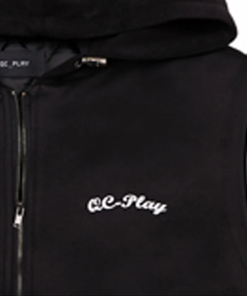 Q.C PLAY: Functional Neo-Double-Layer Quilted Lining Two-Tone Hooded Zip-Up Vest - Black