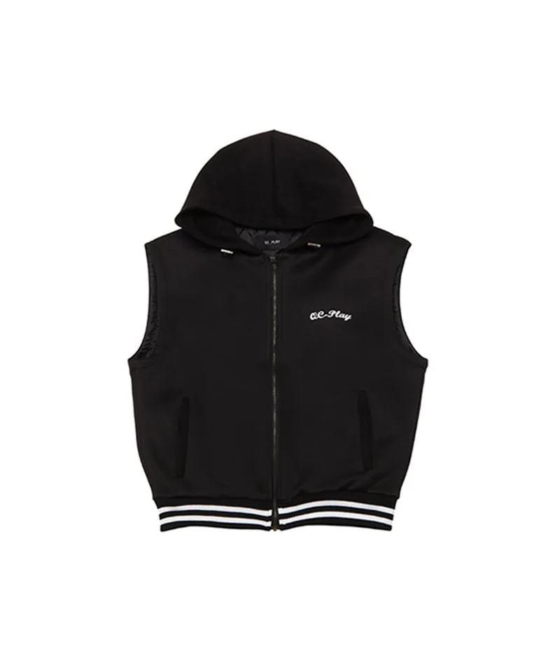 Q.C PLAY: Functional Neo-Double-Layer Quilted Lining Two-Tone Hooded Zip-Up Vest - Black