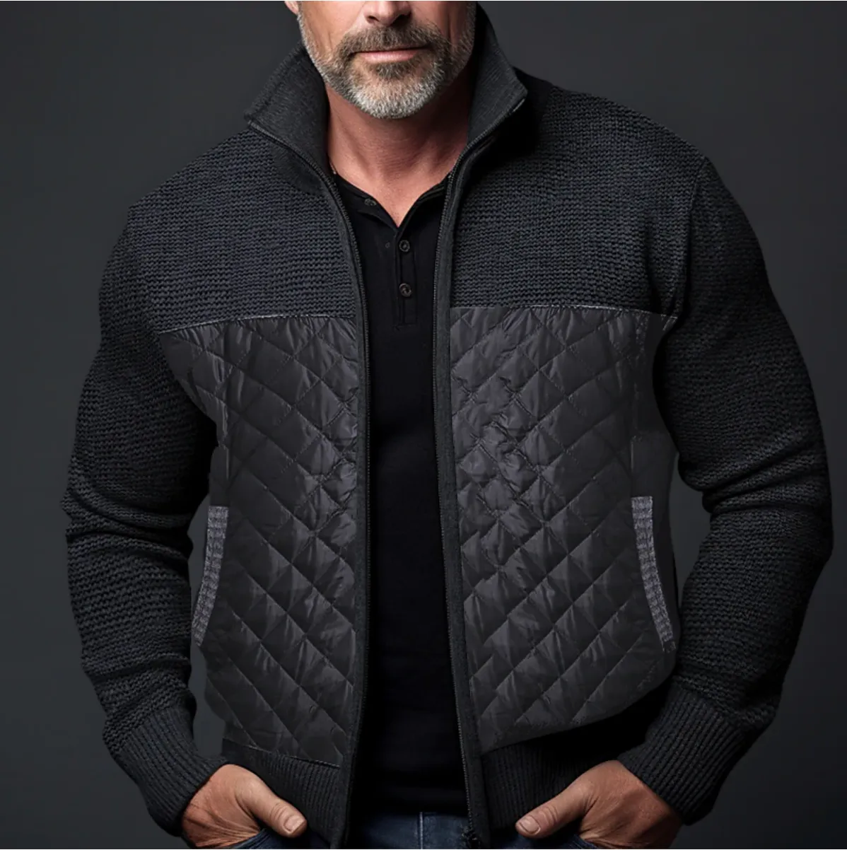 Quilted Luxe™ | Men's Quilted Jacket | Knitted Sleeves, Slim Fit, High Collar & Ribbed Cuffs