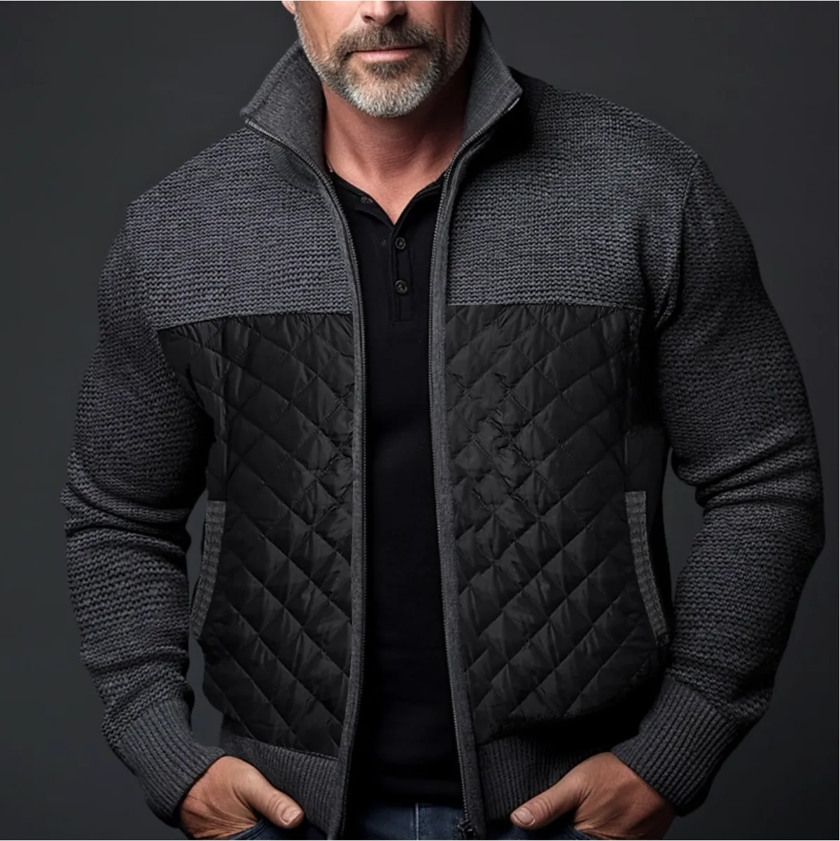 Quilted Luxe™ | Men's Quilted Jacket | Knitted Sleeves, Slim Fit, High Collar & Ribbed Cuffs