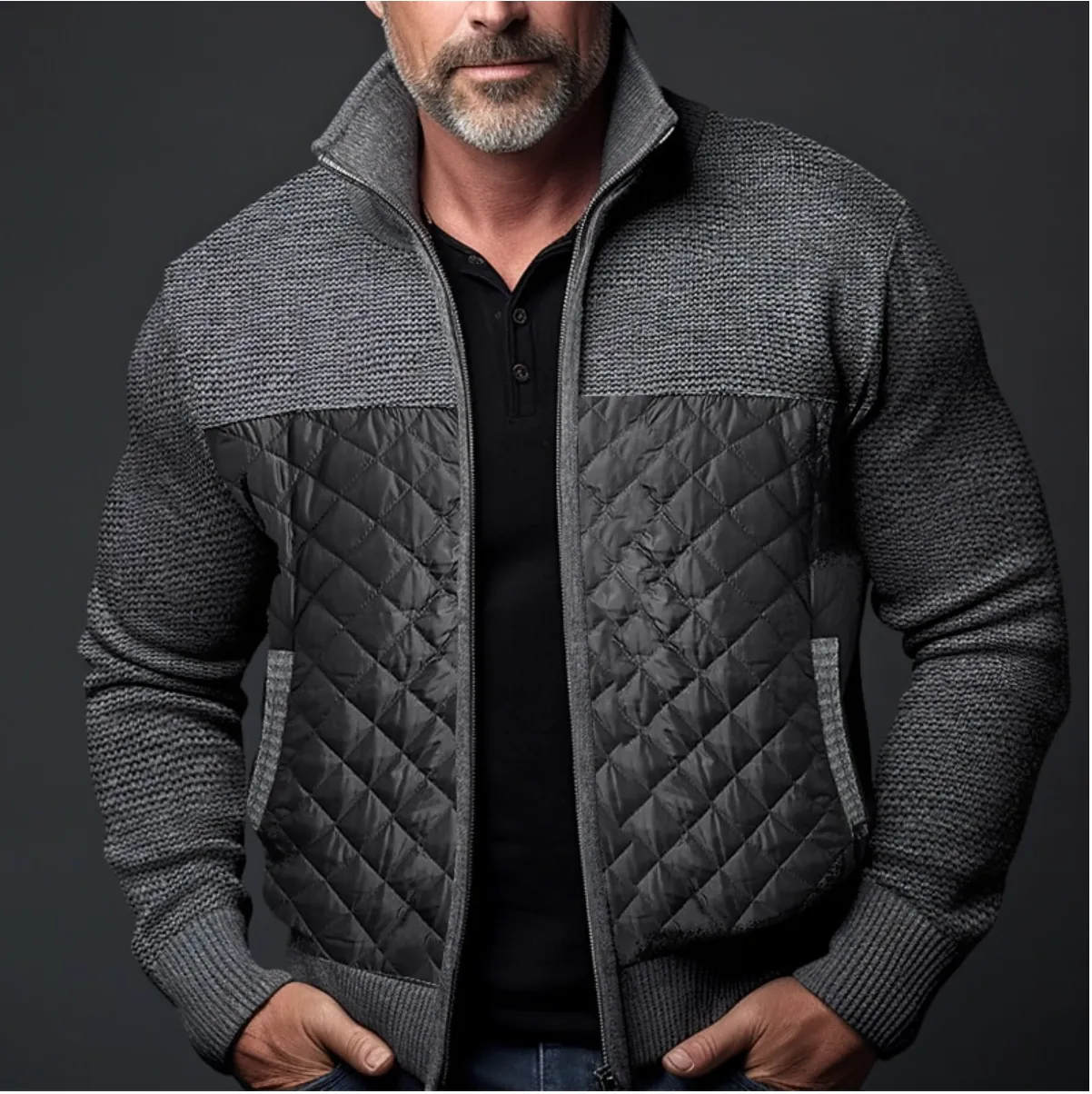 Quilted Luxe™ | Men's Quilted Jacket | Knitted Sleeves, Slim Fit, High Collar & Ribbed Cuffs