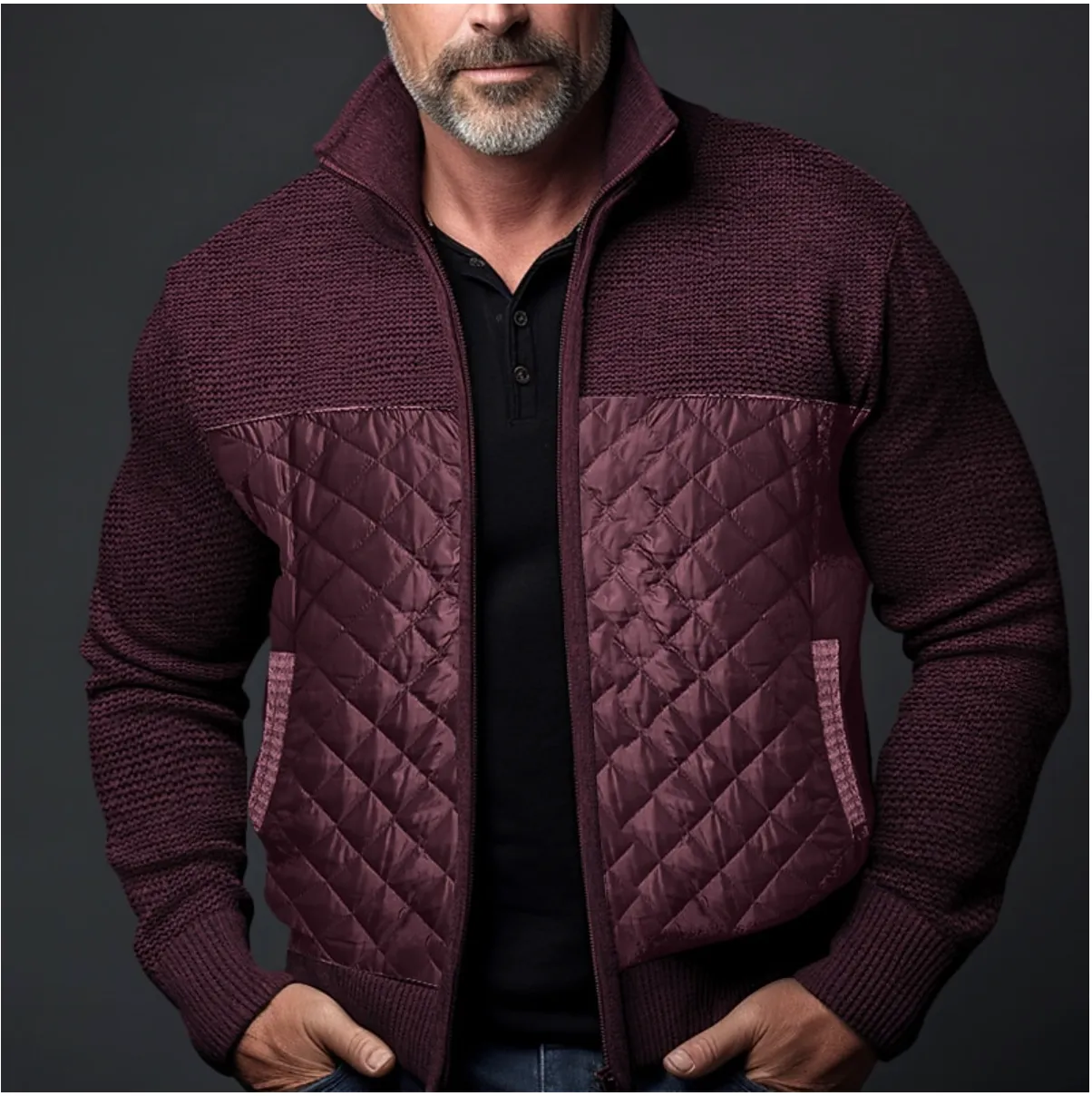 Quilted Luxe™ | Men's Quilted Jacket | Knitted Sleeves, Slim Fit, High Collar & Ribbed Cuffs