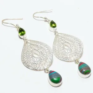 Rainbow Calsilica & Green Peridot Silver Plated Earrings