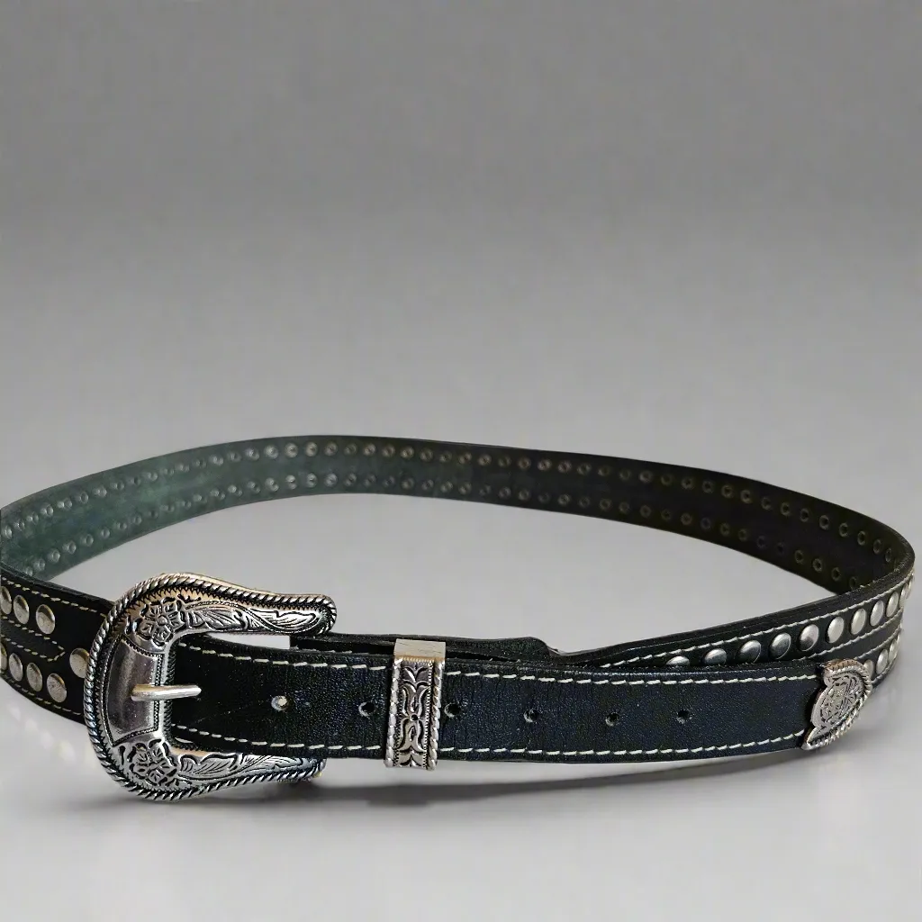 Rare Vintage L.W. Paris Studded Leather Western Belt – 118cm | Collectible Ornate Silver Buckle, 4cm Wide