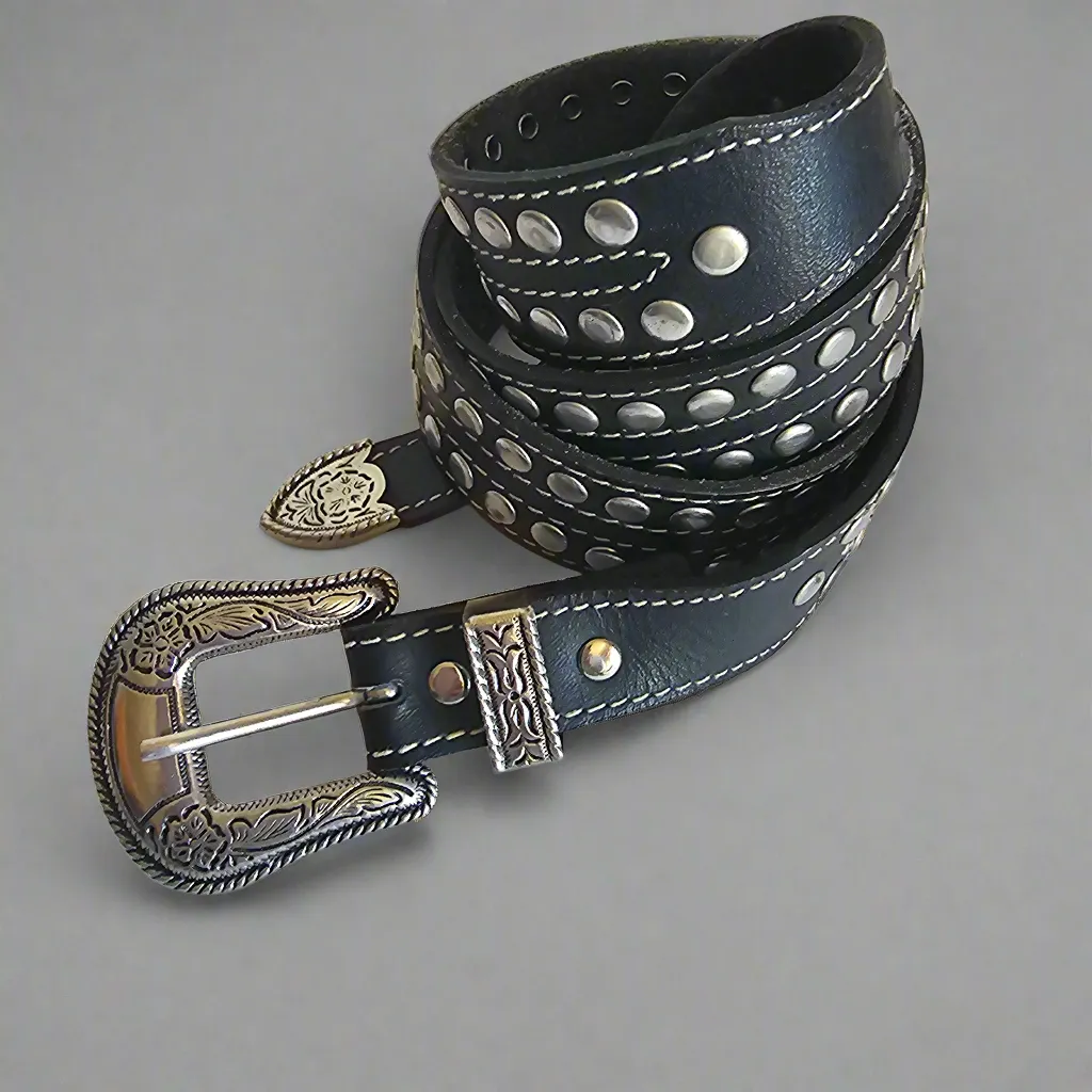 Rare Vintage L.W. Paris Studded Leather Western Belt – 118cm | Collectible Ornate Silver Buckle, 4cm Wide