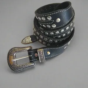 Rare Vintage L.W. Paris Studded Leather Western Belt – 118cm | Collectible Ornate Silver Buckle, 4cm Wide