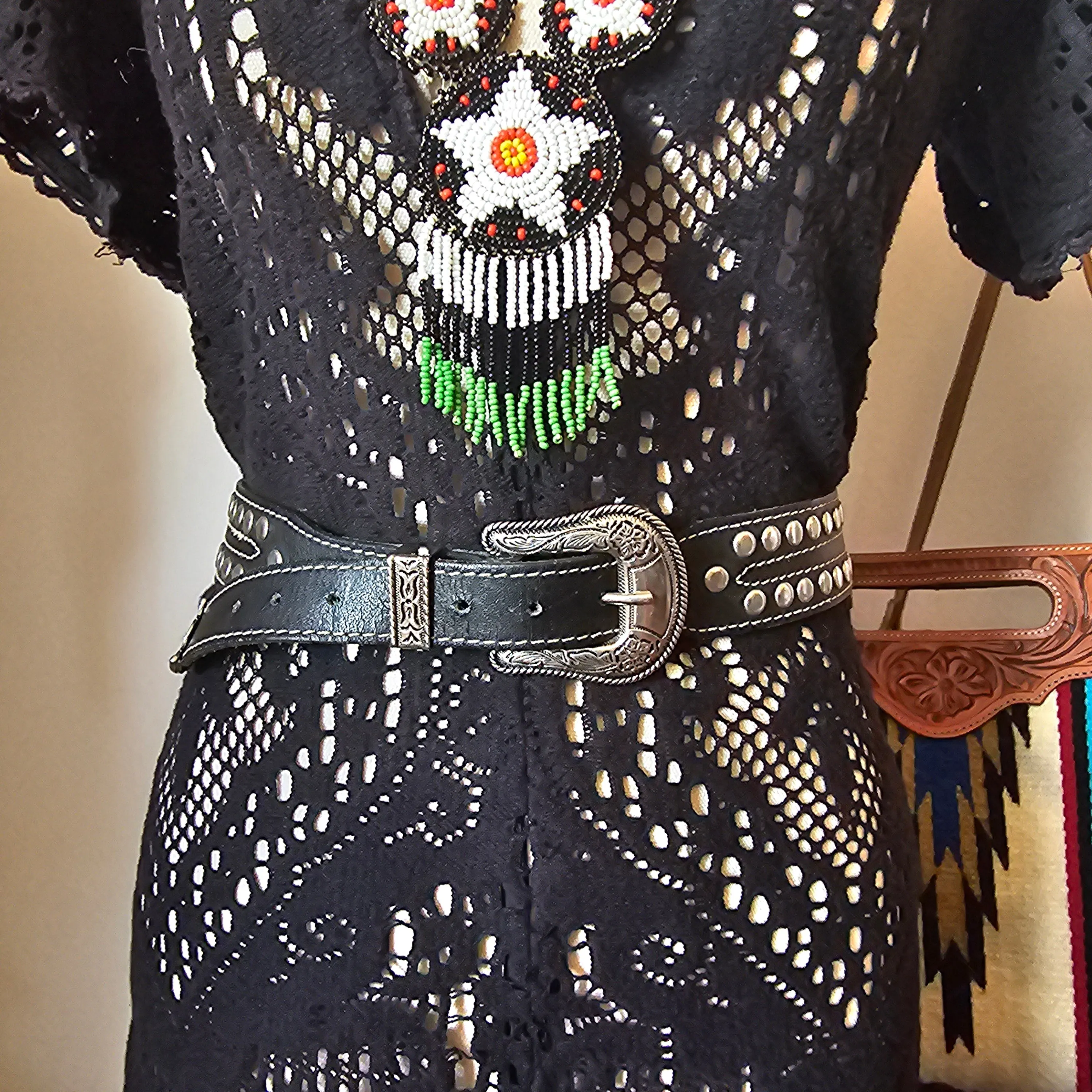 Rare Vintage L.W. Paris Studded Leather Western Belt – 118cm | Collectible Ornate Silver Buckle, 4cm Wide
