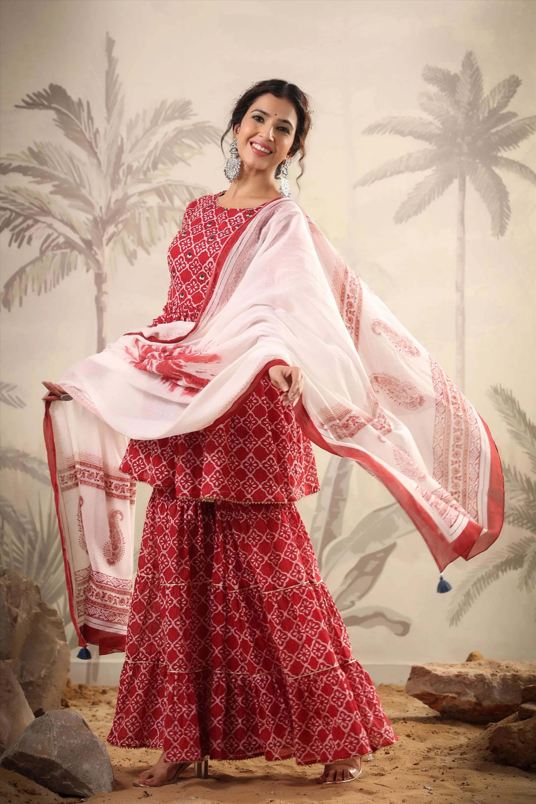 Red Cotton Mulmul Printed Kurti Sharara Dupatta Set With Belt