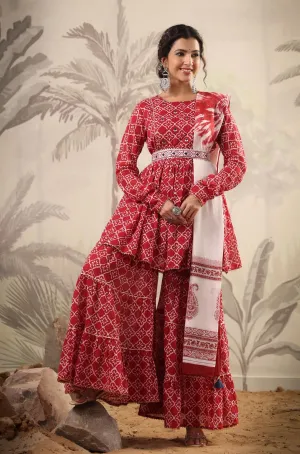 Red Cotton Mulmul Printed Kurti Sharara Dupatta Set With Belt