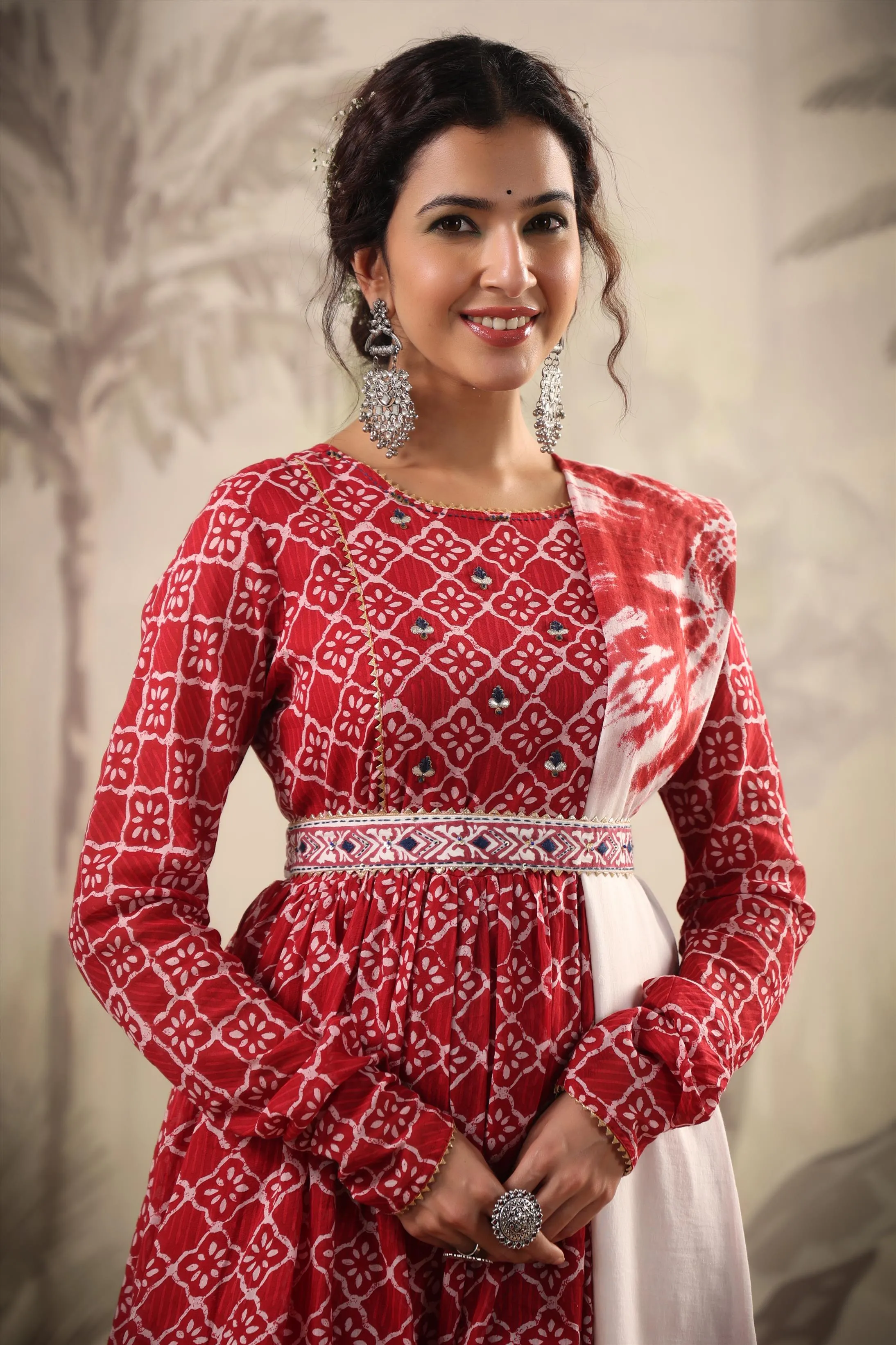 Red Cotton Mulmul Printed Kurti Sharara Dupatta Set With Belt