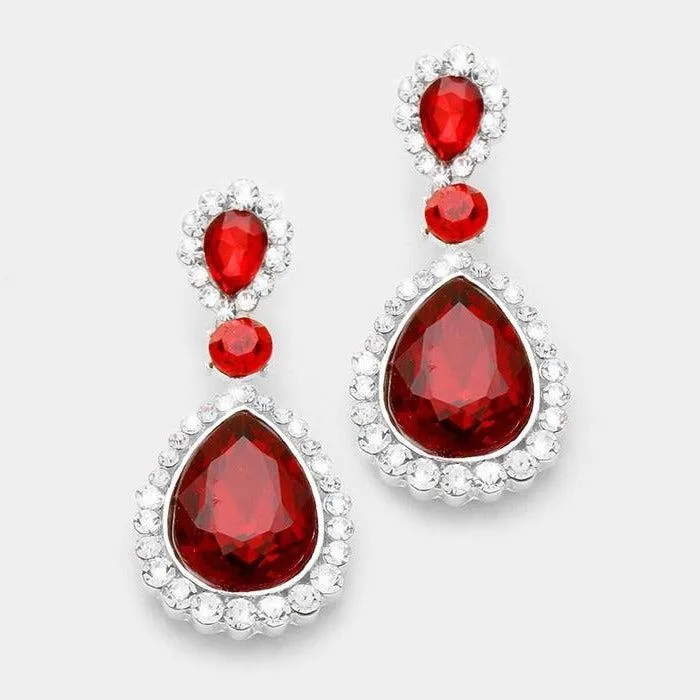 Red Pave Trim Crystal Teardrop Silver Evening Earrings