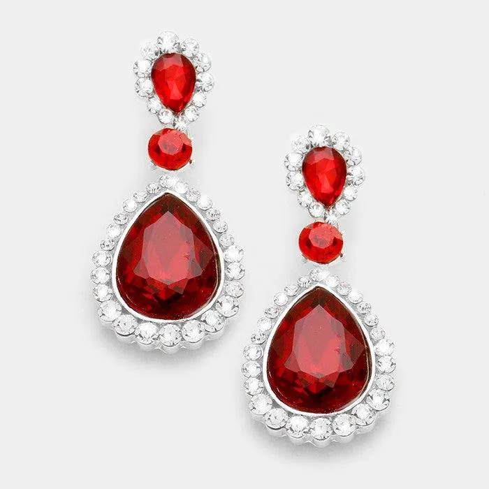Red Pave Trim Crystal Teardrop Silver Evening Earrings