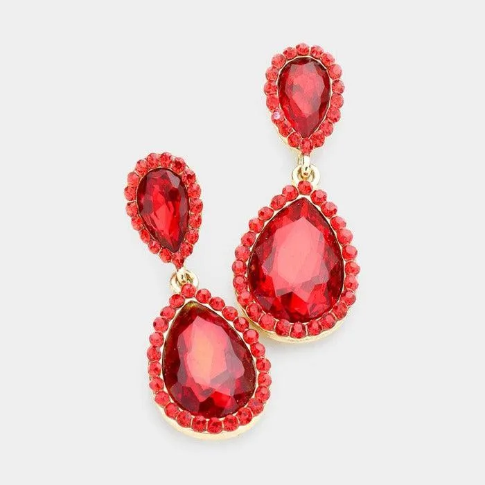 Red Rhinestone Trim Teardrop Dangle Earrings