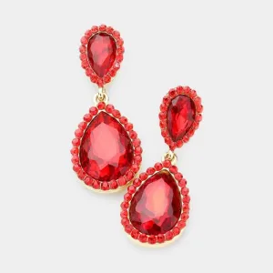 Red Rhinestone Trim Teardrop Dangle Earrings