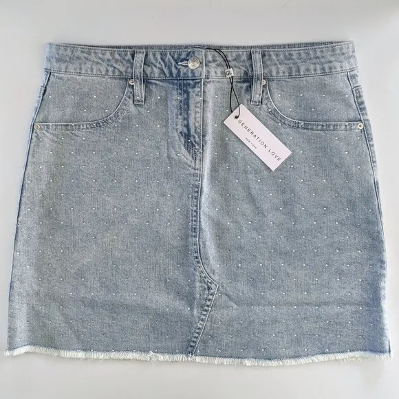 REVOLVE Generation Love New York Claudette Crystal Studded Denim Skirt L NWT