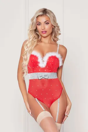 Rhinestone Studded Mesh Teddy With Marabou Trim -  Large - Red