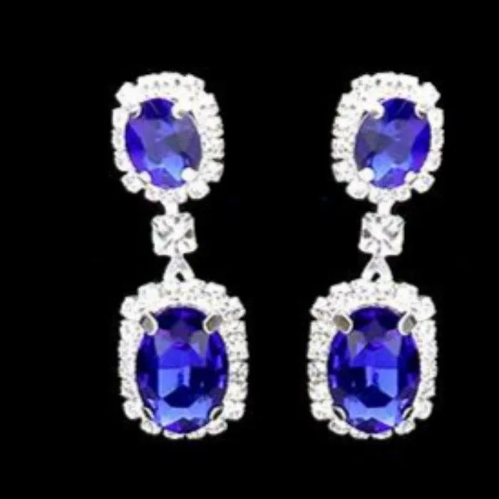 Rhinestone Trim Blue Oval Stone Accented Silver Necklace Set