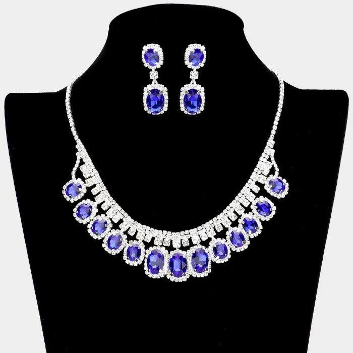 Rhinestone Trim Blue Oval Stone Accented Silver Necklace Set