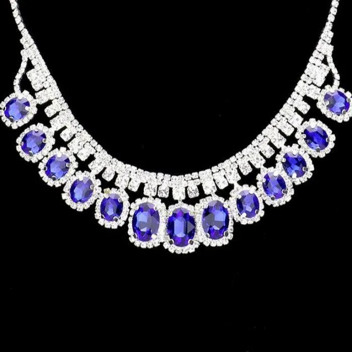 Rhinestone Trim Blue Oval Stone Accented Silver Necklace Set