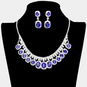 Rhinestone Trim Blue Oval Stone Accented Silver Necklace Set